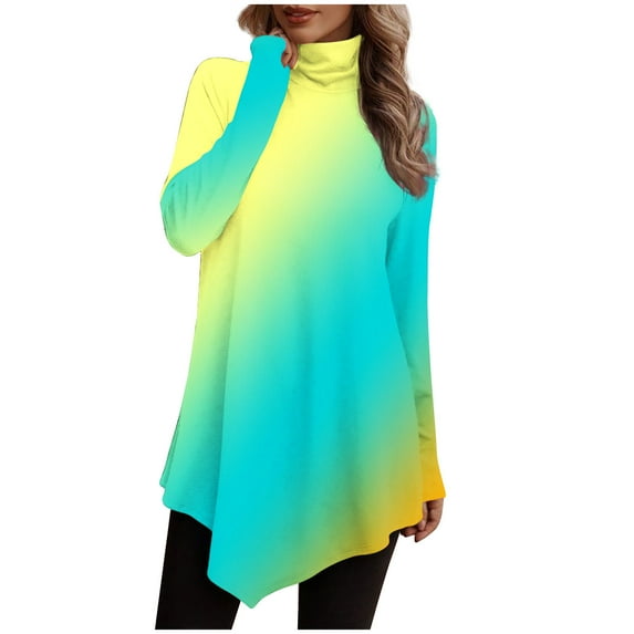 yievot Women Tunic Tops Turtleneck Long Sleeve Solid Color Irregular Hem Blouse Shirts