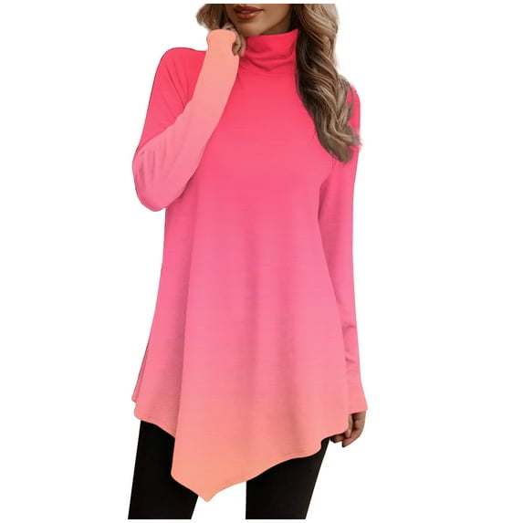 yievot Women Tunic Tops Turtleneck Long Sleeve Solid Color Irregular Hem Blouse Shirts