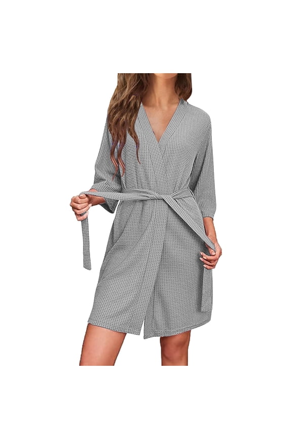 Women Waffle Knit Robes Bathrobe Soft Lightweight Knee Length Loungewear