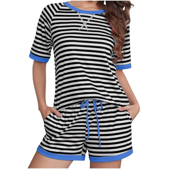 yievot Women's 2 Piece Summer Outfits Set Women's Short Set Striped Casual Short Sleeve Tops and Shorts Loungewear