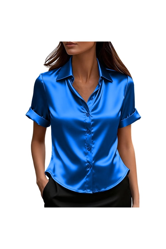Women's Blouse Satin Silk Button Down Shirts Casual Loose Short Sleeve Office Work Tops