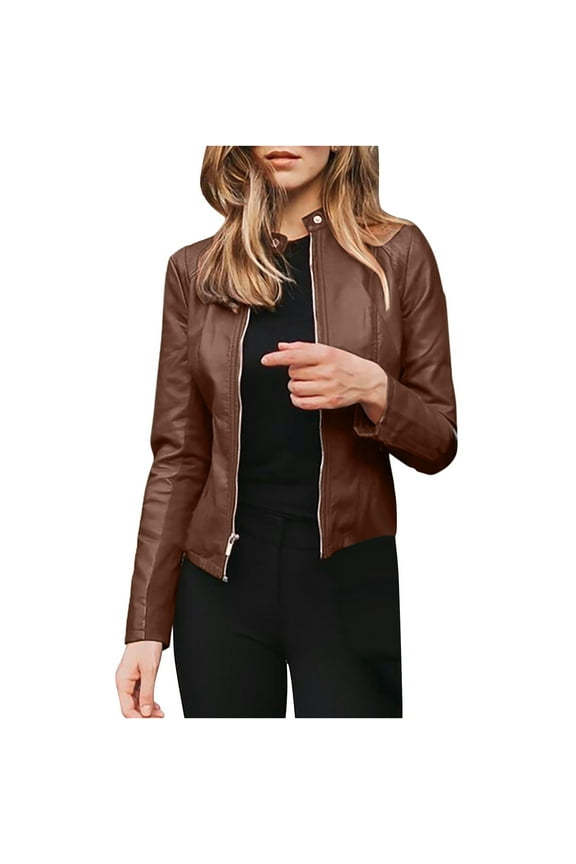 Women's Faux Leather Jackets Zip Up Motorcycle Short PU Moto Biker Outwear Fitted Slim Coat