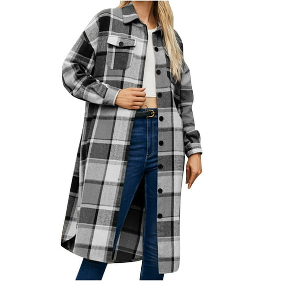 yievot Women's Long Plaid Shacket Long Sleeve Oversized Button Down Shirt Jacket Coat