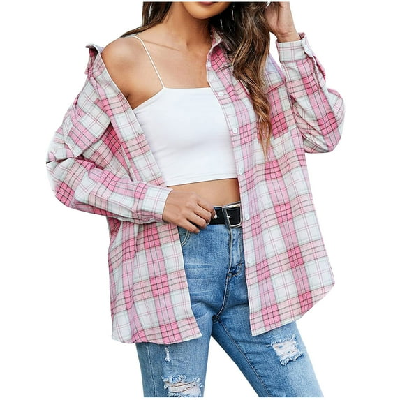 yievot Women's Long Sleeve Plaid Jacket Boyfriend Button Down Shirts Casual Thin Blouse