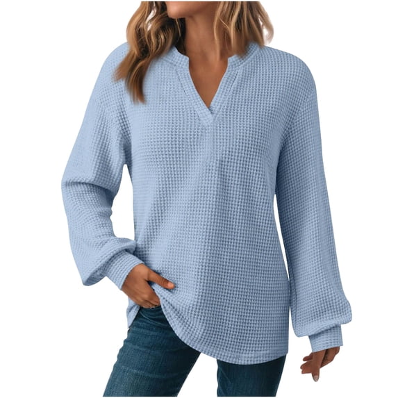 yievot Women's Long Sleeve Waffle Knit Shirts Dressy Casual Loose V Neck Tops Fall Basic Tee Blouse