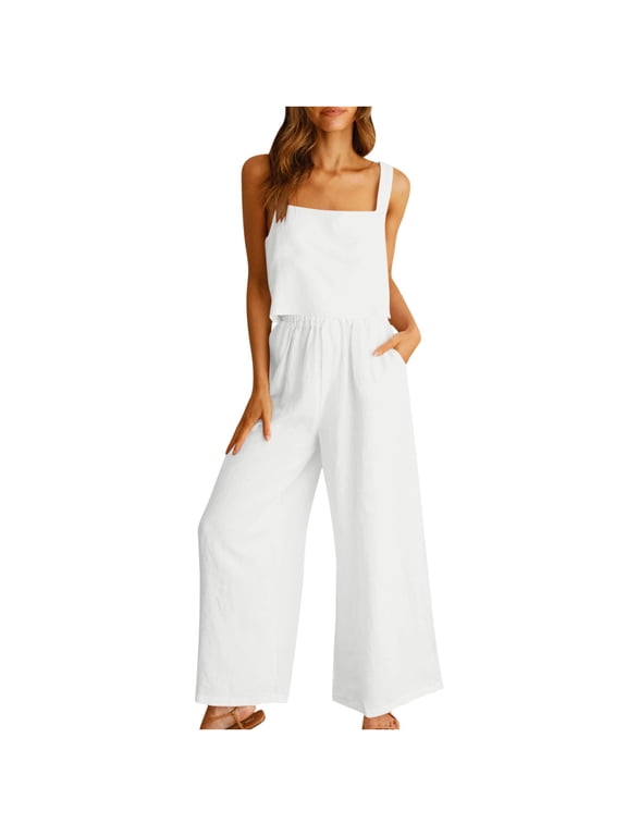Women's Lounge Sets Cotton Linen 2 Piece Outfits Square Neck Tank Crop Top Wide Leg Pants Matching Loungewear