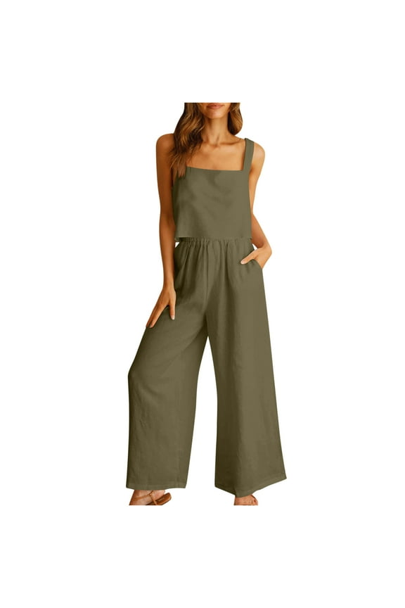 Women's Lounge Sets Cotton Linen 2 Piece Outfits Square Neck Tank Crop Top Wide Leg Pants Matching Loungewear
