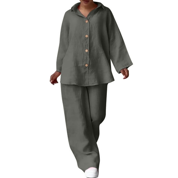 yievot Women's Lounge Sets Long Sleeve Button Down Linen Shirt and Pants 2 Piece Outfits Loungewear Pajama Sets Fall Outfit