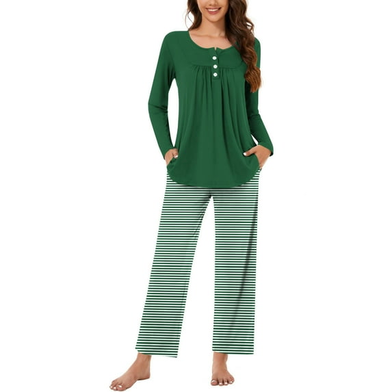 yievot Women's Pajama Set Soft Long Sleeve Top With Pants Striped Printed Loungewear Sleepwear Pajamas