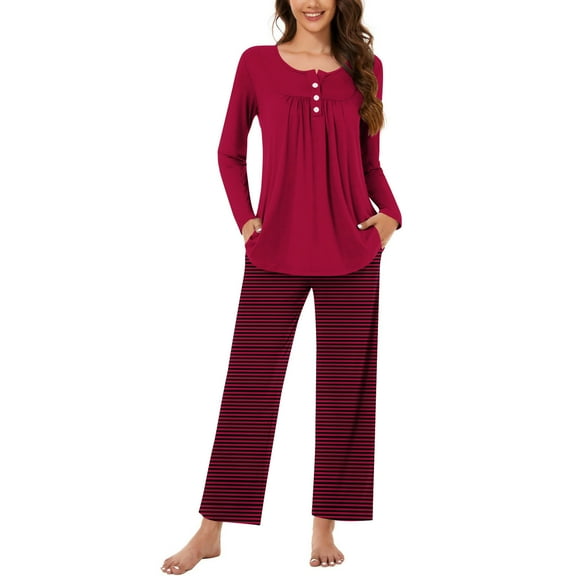 yievot Women's Pajama Set Soft Long Sleeve Top With Pants Striped Printed Loungewear Sleepwear Pajamas