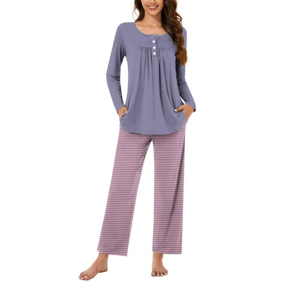 yievot Women's Pajama Set Soft Long Sleeve Top With Pants Striped Printed Loungewear Sleepwear Pajamas