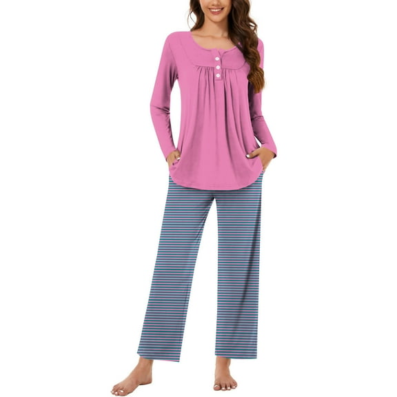 yievot Women's Pajama Set Soft Long Sleeve Top With Pants Striped Printed Loungewear Sleepwear Pajamas