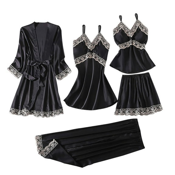 yievot Women's Pajamas 5 Piece Set With Suspender Pajamas Women's Home Wear Nightdress Nightgown Sleepwear