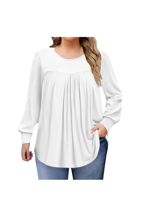 Women's Plus Size Shirts Crew Neck Tunic Tops Pleated Casual Long Sleeve Swing Flowy Tunic Blouse