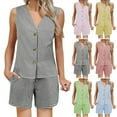 thumbnail image 1 of yievot Women's Summer 2 Piece Outfits Sleeveless Matching Sets Plaid Printed Button Down V Neck Vest Waistcoat and Shorts with Pockets, 1 of 8