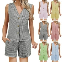 yievot Women's Summer 2 Piece Outfits Sleeveless Matching Sets Plaid Printed Button Down V Neck Vest Waistcoat and Shorts with Pockets