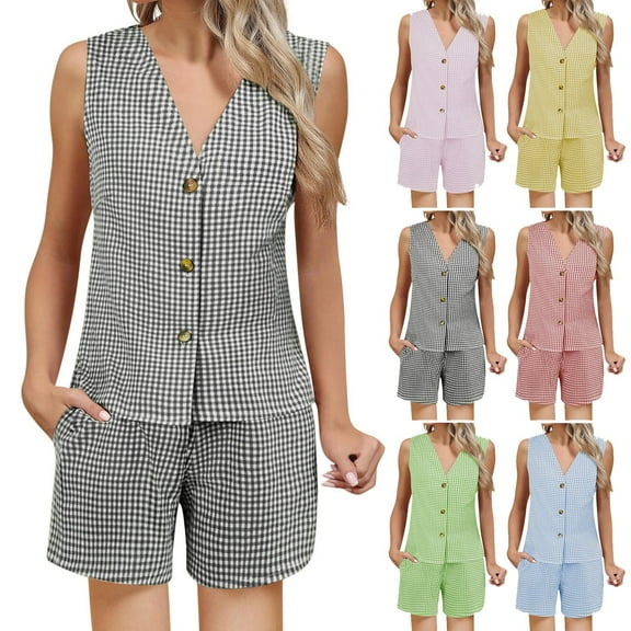 yievot Women's Summer 2 Piece Outfits Sleeveless Matching Sets Plaid Printed Button Down V Neck Vest Waistcoat and Shorts with Pockets