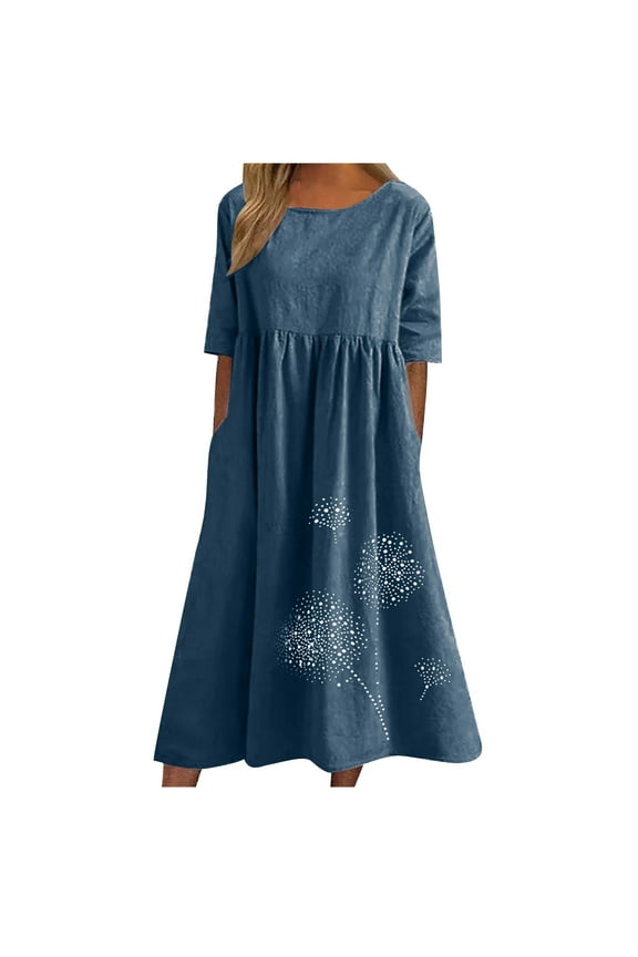 Women's Summer Casual Flowy Short Sleeve Dresses Cotton Linen Beach Long Tshirt Dress