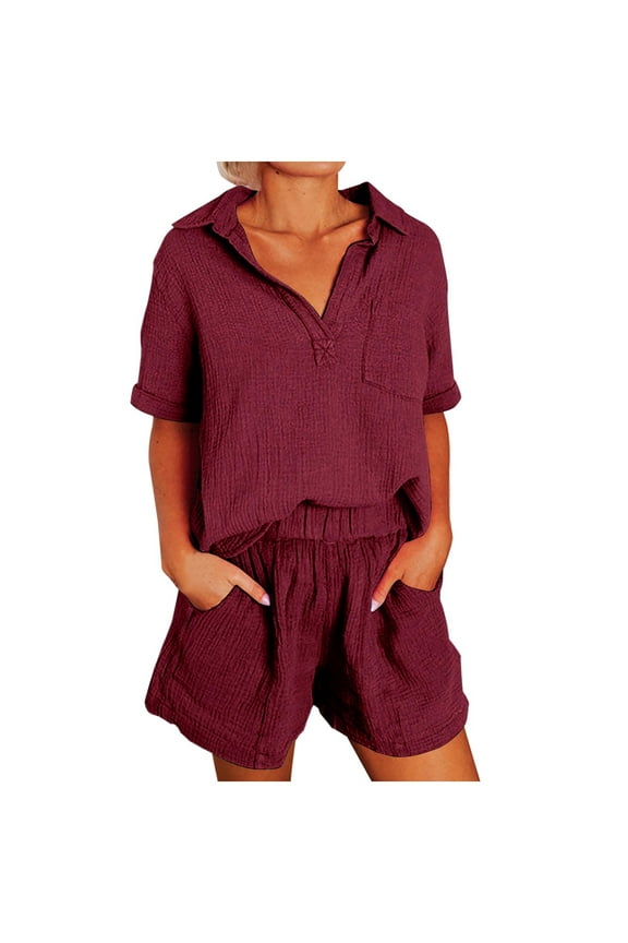 Women's Two Piece Outfits Summer Matching Going Out Sets V Neck Short Sleeve Shirts and High Waist Shorts Lounge Sets