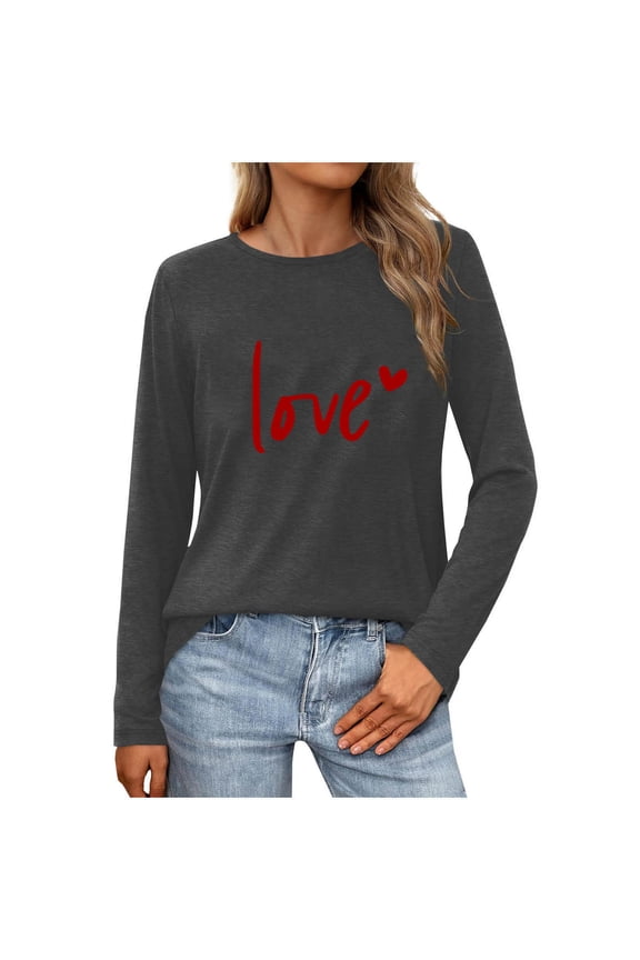 Women's Valentine's T-Shirt Long Sleeve Love Heart Printed Graphic Tees Tops