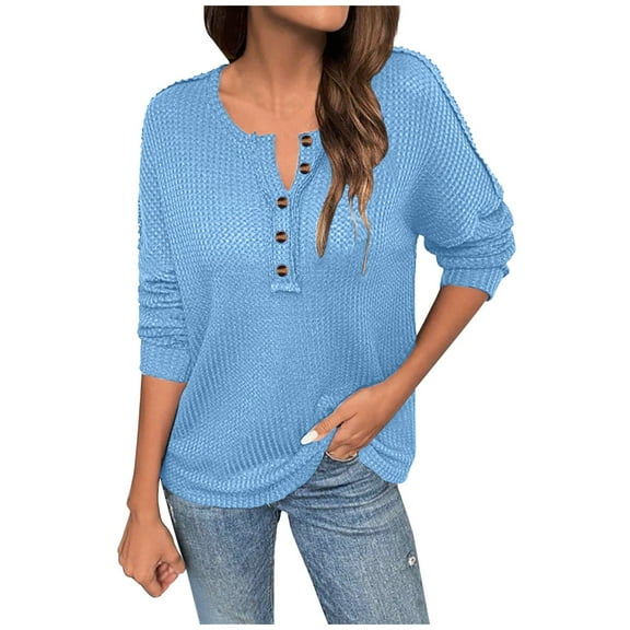 yievot Women's Waffle Knit Tunic Tops Long Sleeve Button Up V Neck Henley Shirts Loose Fall Fashion Clothes