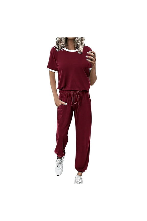 Women's Workout Sets Two Piece Outfit Short Sleeve Top with Drawstring Long Pants Tracksuit Jogger Set Active Wear