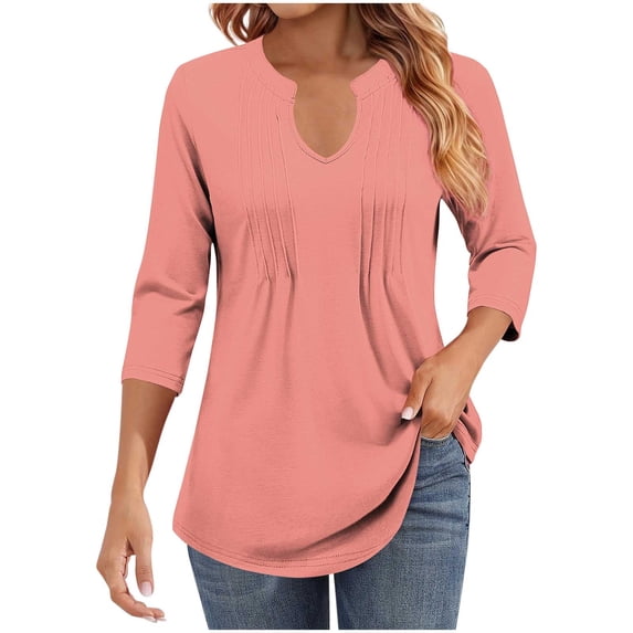 yievot Womens 3/4 Sleeve Tops Business Casual Blouses V Neck Pleated Shirts Trendy Tunic Tops Dressy Fall Fashion Clothes