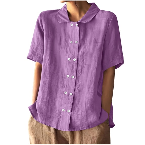 yievot Womens Button Down Shirts Cotton Linen Short Sleeve Collared Blouses Double Breasted Lapel Casual Summer Tops
