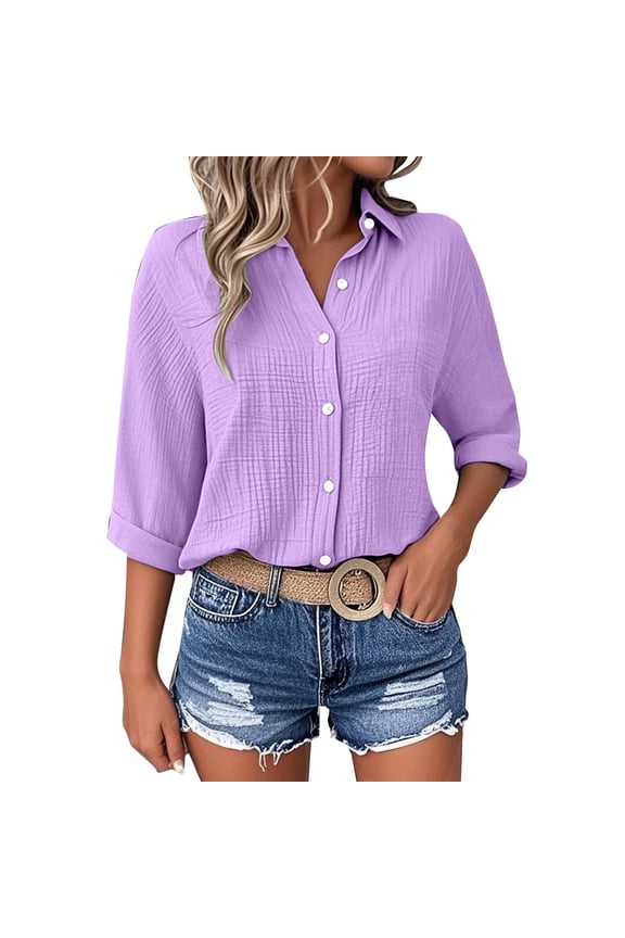 Womens Button Down Shirts Plus Size 3/4 Sleeve Collared Casual Blouses Lapel Summer Tops