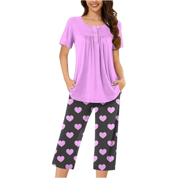 yievot Womens Capri Pajama Sets Short Sleeve Top and Capri Pant Set Soft Sleepwear Printed 2 Piece Lounge Sets