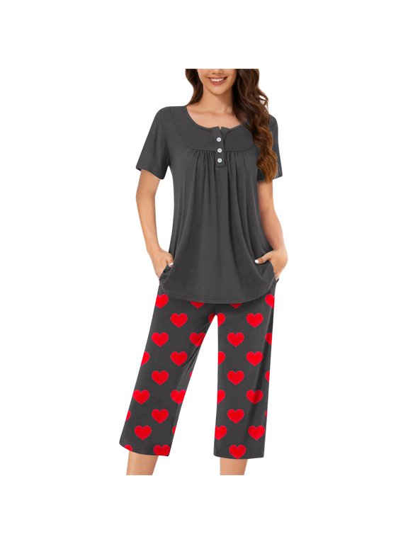 Womens Capri Pajama Sets Short Sleeve Top and Capri Pant Set Soft Sleepwear Printed 2 Piece Lounge Sets