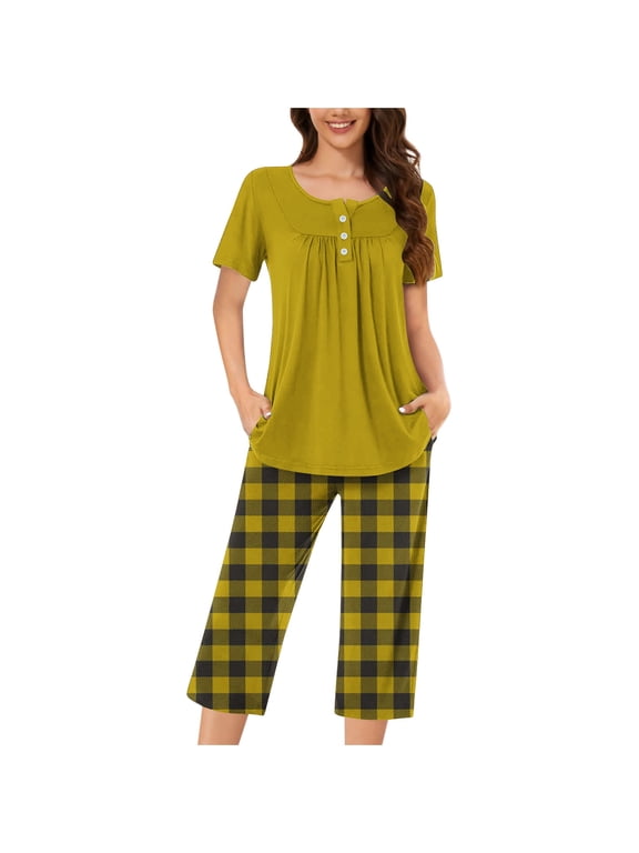 Womens Capri Pajama Sets Short Sleeve Top and Capri Pant Set Soft Sleepwear Printed 2 Piece Lounge Sets