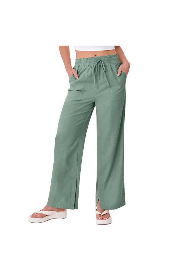 Womens Cotton Linen Pants Drawstring Elastic Waist Casual Split Hem Wide Leg Trousers with Pockets