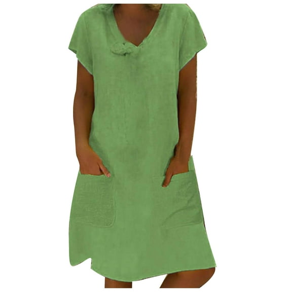yievot Womens Dresses, Women Short Sleeve V-Neck Casual Hot Vacation Solid Color Mini Shift Dress Cotton Linen Tshirt Dress, Spring Summer Dresses for Women