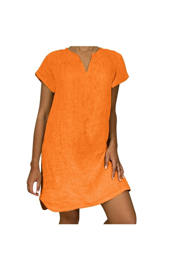 Womens Dresses, Women Short Sleeve V-Neck Casual Hot Vacation Solid Color Mini Shift Dress Cotton Linen Tshirt Dress, Spring Summer Dresses for Women