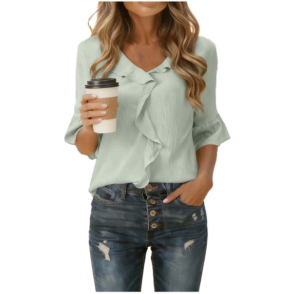 yievot Womens Dressy Casual Blouse Business Half Sleeve Tops Ruffle V Neck Work Shirt