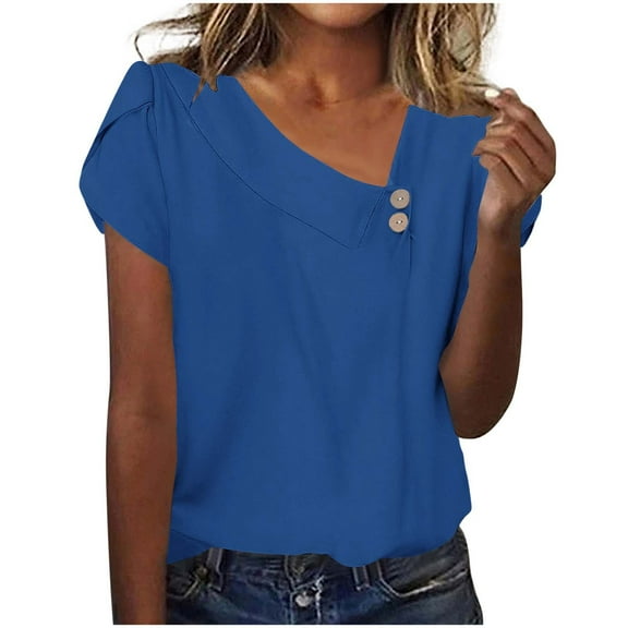 yievot Womens Dressy Casual Blouses Asymmetrical V Neck Business Work Tops Short Sleeve Summer Shirts