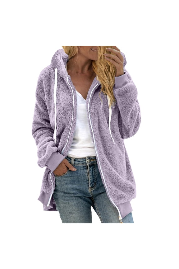 Womens Fleece Jacket with Hood Zip Up Plus Size Fuzzy Sherpa Jackets Winter Warm Shaggy Wool Coats Outerwear