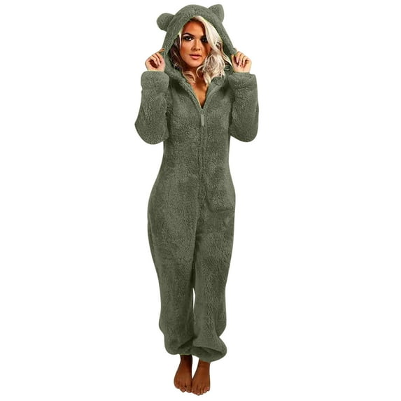 yievot Womens Fuzzy Fleece Onesies Pajamas Jumpsuit Warm Sherpa Romper Sleepwear Zipper Hooded Playsuit Loungewear