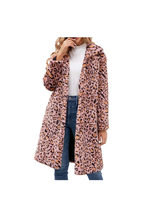 Womens Leopard Print Fleece Coat Winter Fashion Fuzzy Jacket Faux Furry Cardigan Overcoat