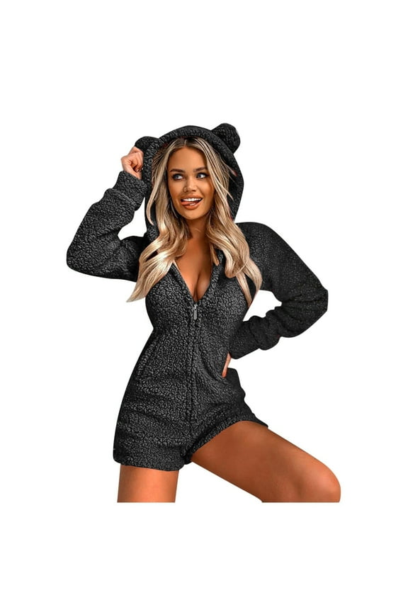 Womens Long Sleeve Hooded Romper Pajamas Casual Winter Warm Adult Onesies Sleepwear