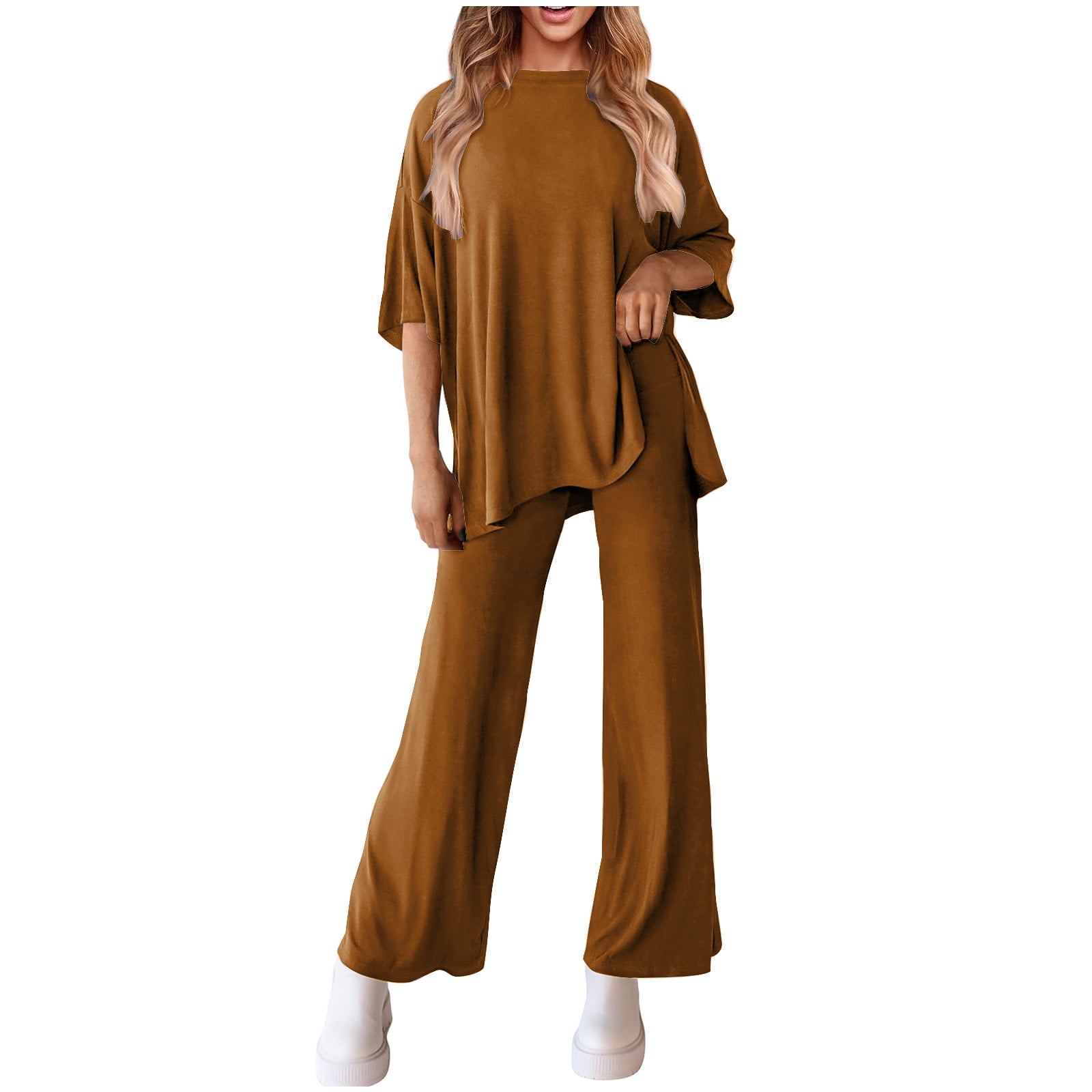 Two Piece Summer Outfits Women's Two Piece Lounge Set - Floral Short Sleeve Top & Wide Leg Pants Linen Outfit Best Lounge Sets