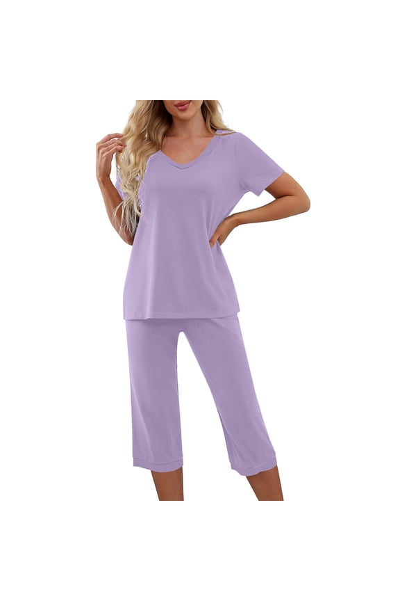 Womens Pajama Sets 2 Piece Short Sleeve Tops With Capri Pants Cute Ladies Sleepwear Summer Lounge Set