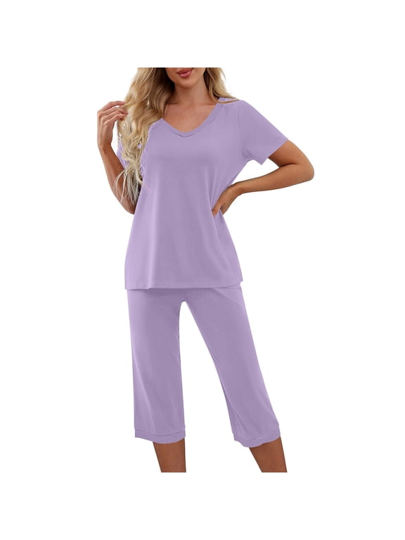 Womens Pajama Sets 2 Piece Short Sleeve Tops With Capri Pants Cute Ladies Sleepwear Summer Lounge Set