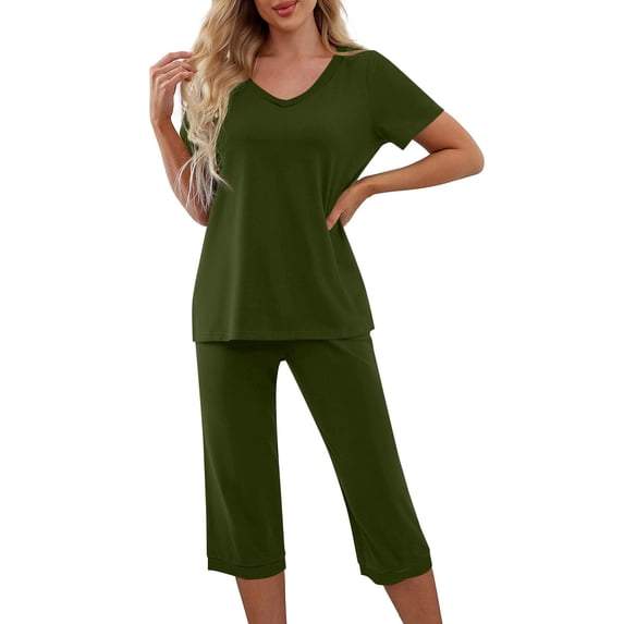 yievot Womens Pajama Sets 2 Piece Short Sleeve Tops With Capri Pants Cute Ladies Sleepwear Summer Lounge Set