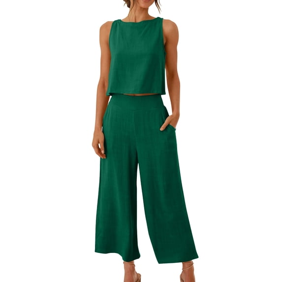yievot Womens Pajama Sets Cotton Linen Lounge Set 2 Piece Cropped Tank Tops and Wide Leg Pants Loungewear Summer Set