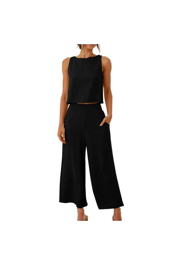 Womens Pajama Sets Cotton Linen Lounge Set 2 Piece Cropped Tank Tops and Wide Leg Pants Loungewear Summer Set