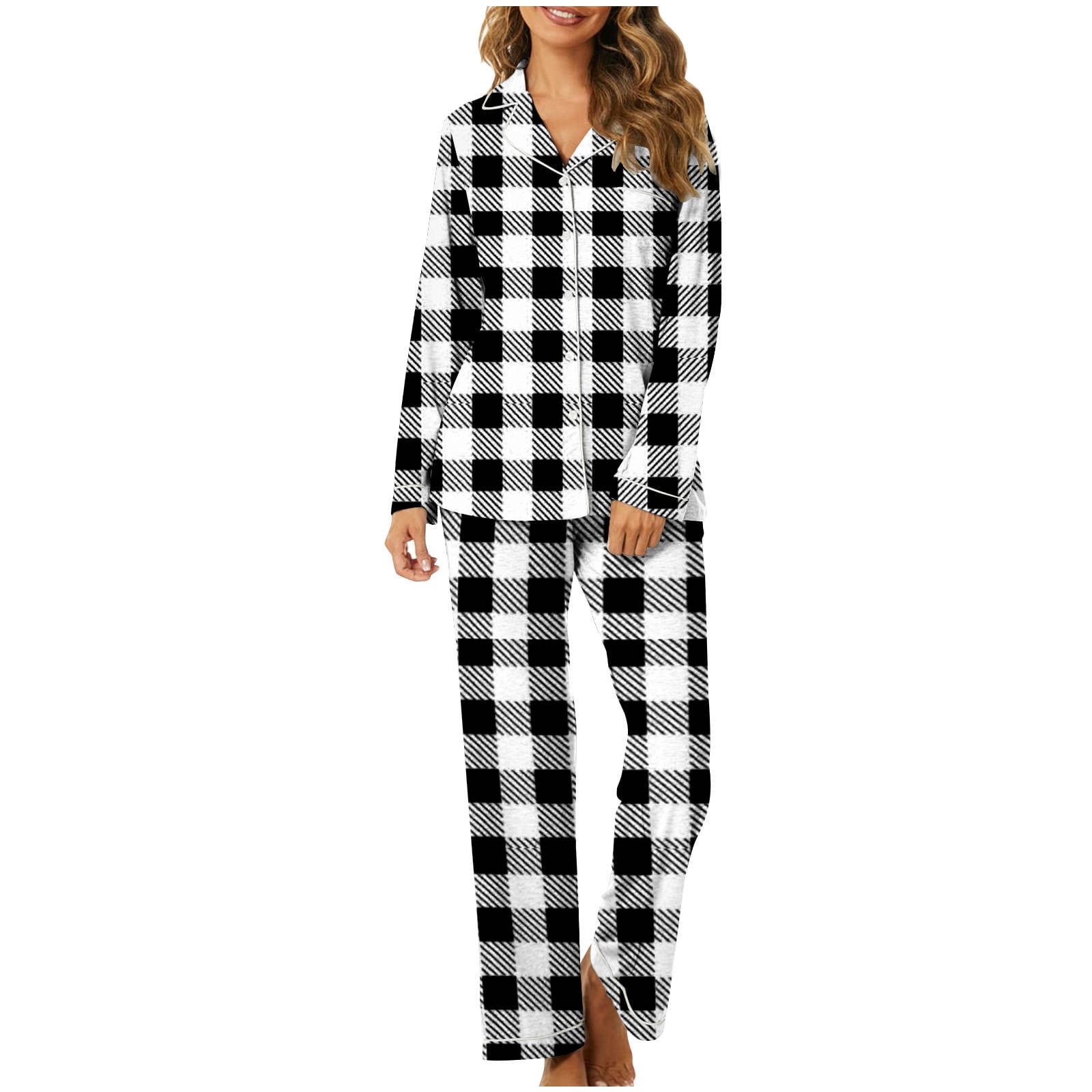 Super Soft Women's Pajama Set: Long Sleeve Button-Down Sleepwear With Pockets, Available In Black & White Plaid
