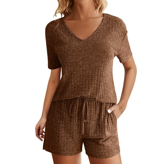 yievot Womens Pajama Sets Summer 2 Piece Lounge Sets Ribbed Knit Matching Outfits T-shirt and Shorts Sleepwear Loungewear
