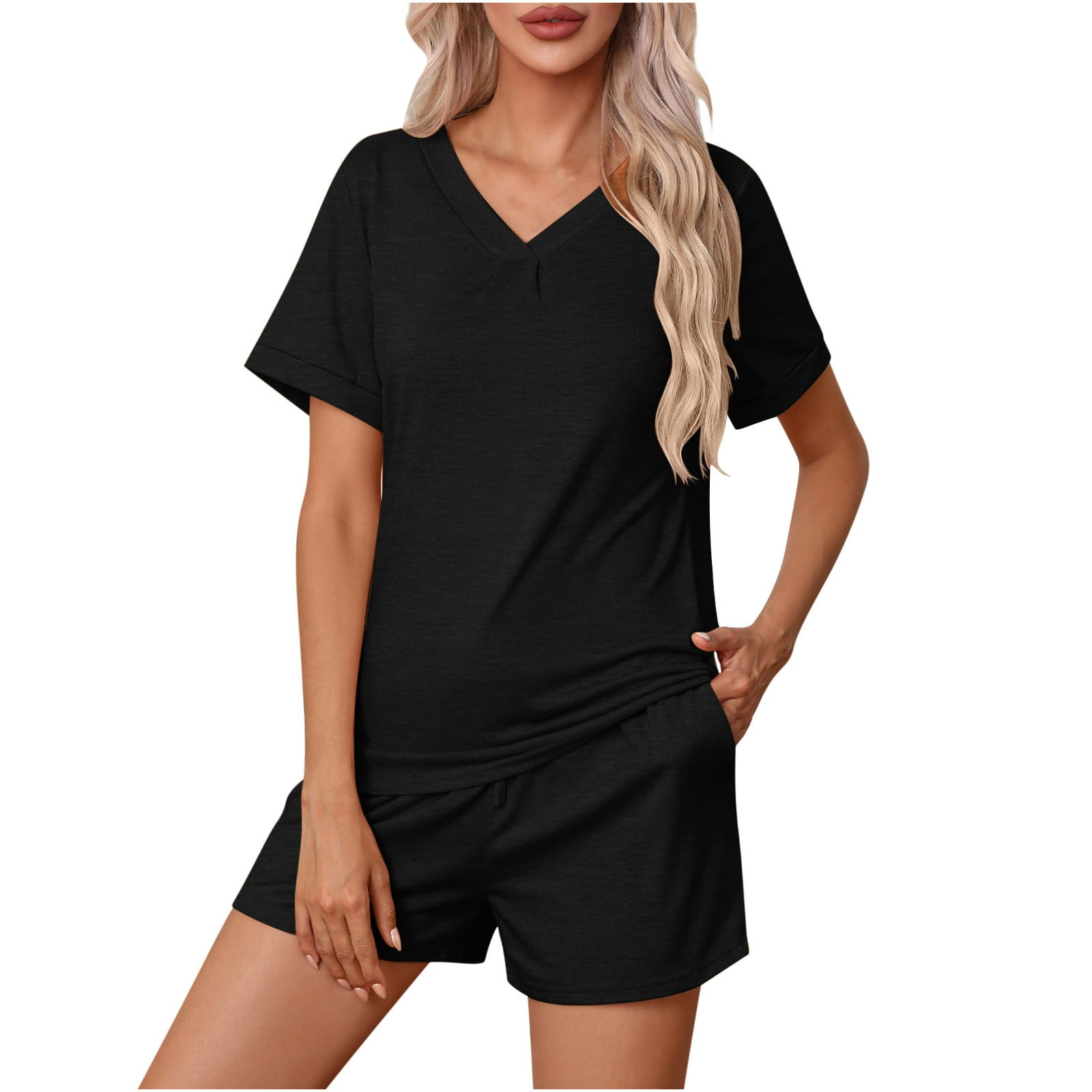 yievot Womens Pajamas Set Short Sleeve Loungewear Soft V Neck Tee Top ...